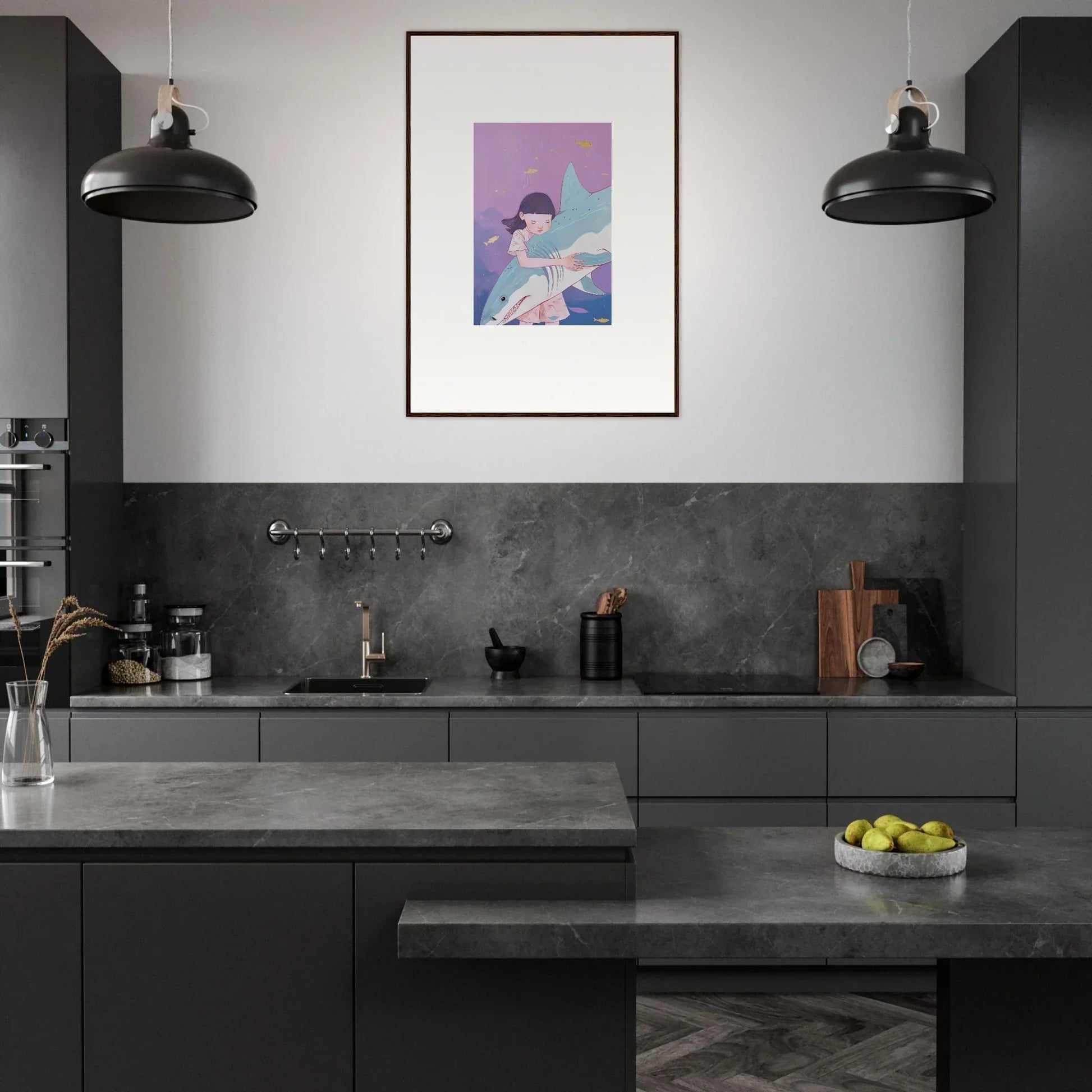 Modern dark gray kitchen featuring a colorful canvas print, perfect for room decoration