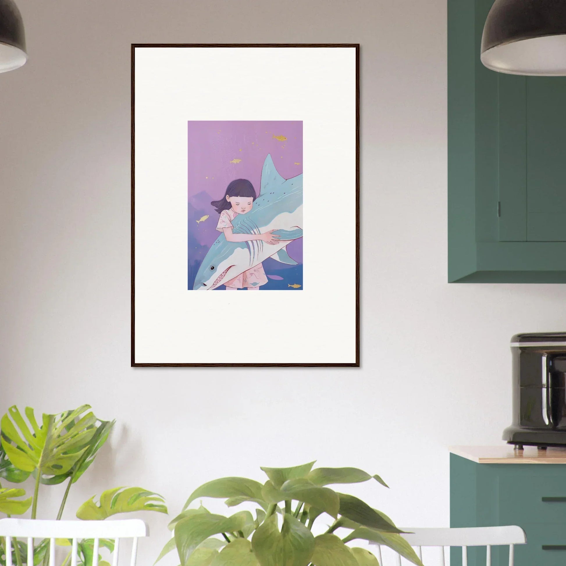 Framed canvas print of a stylish figure with a shark, perfect for abyssal dreams room decoration