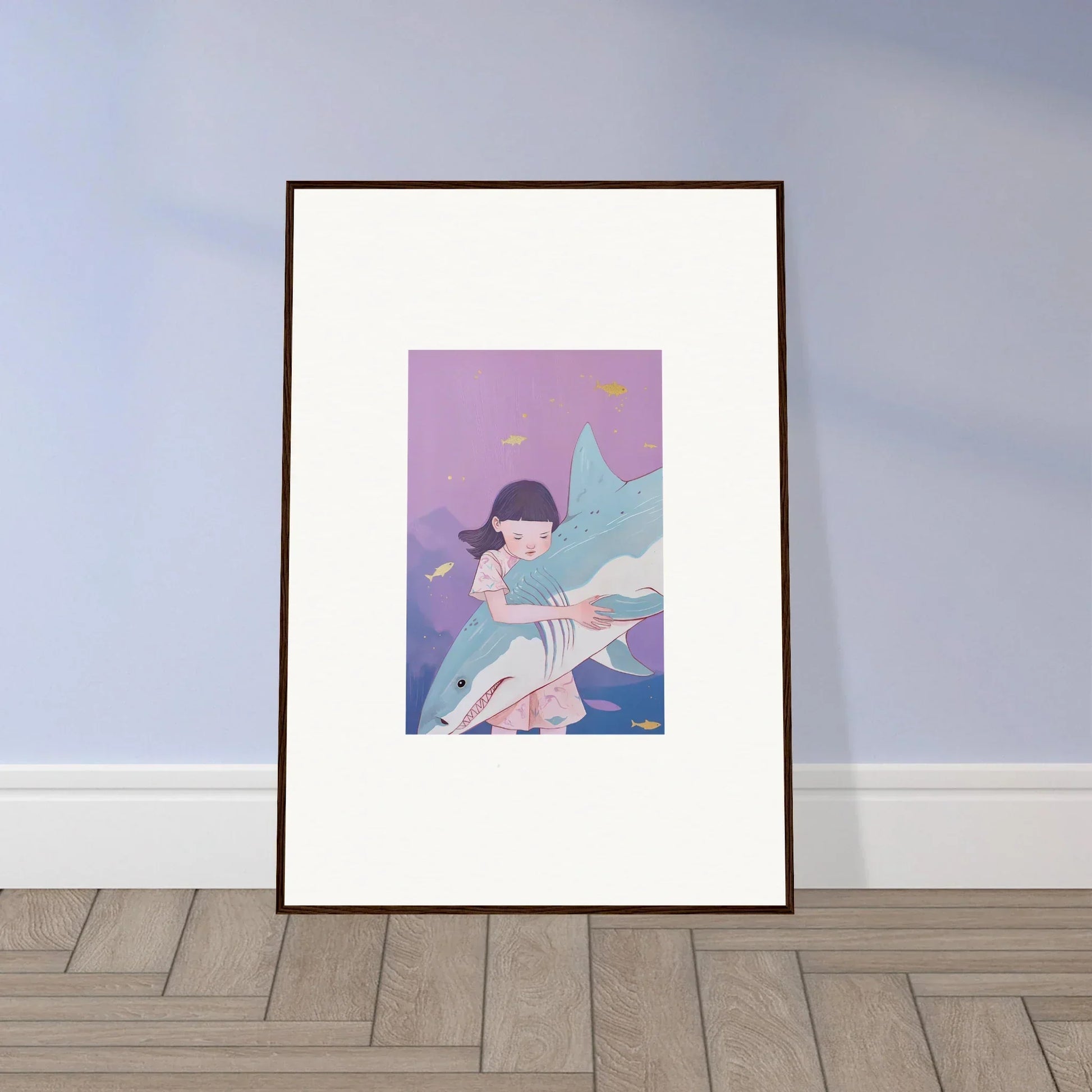 Framed canvas print of a person embracing a shark, perfect for vibrant room decoration