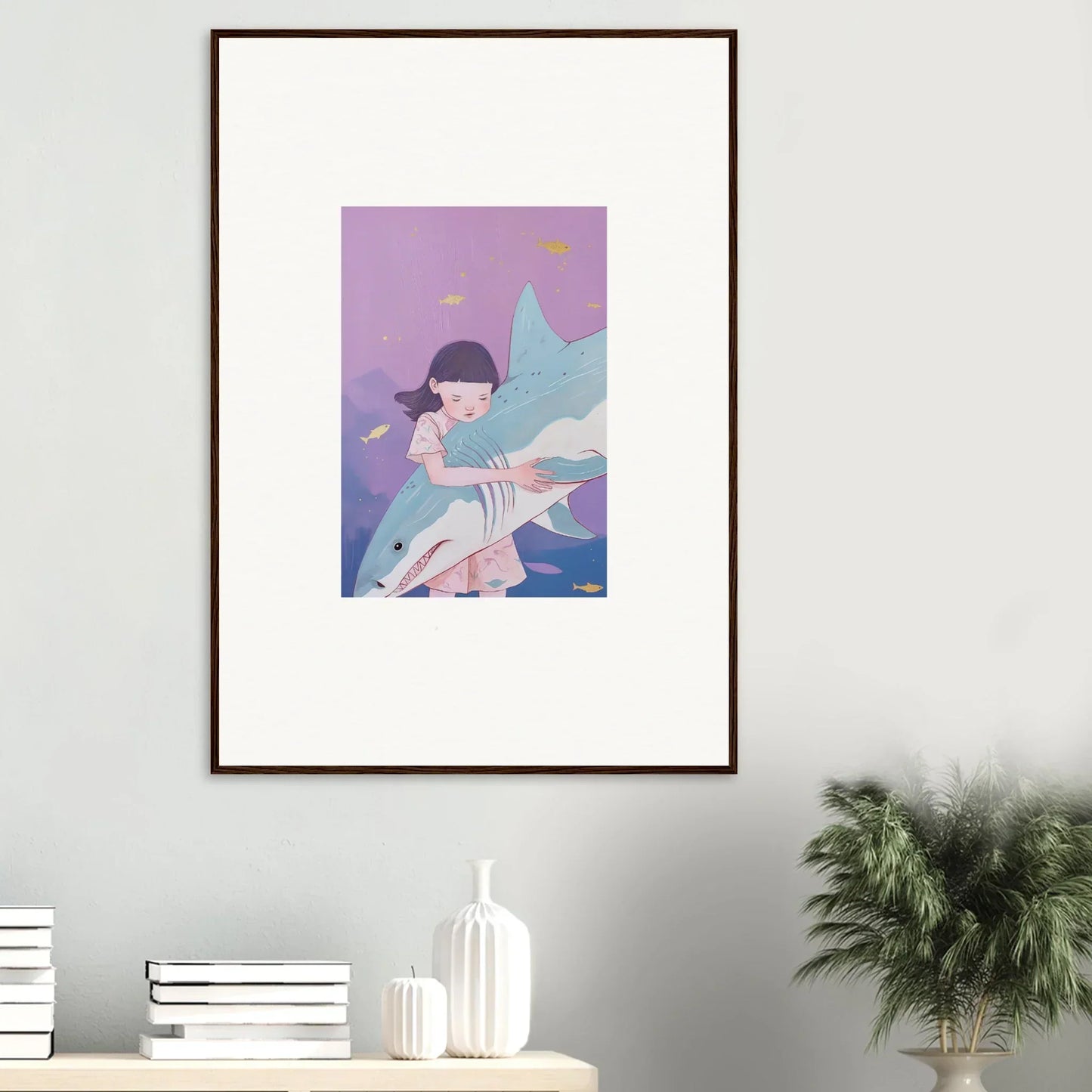 Framed canvas print of a child riding a shark in dreamy abyssal dreams decor