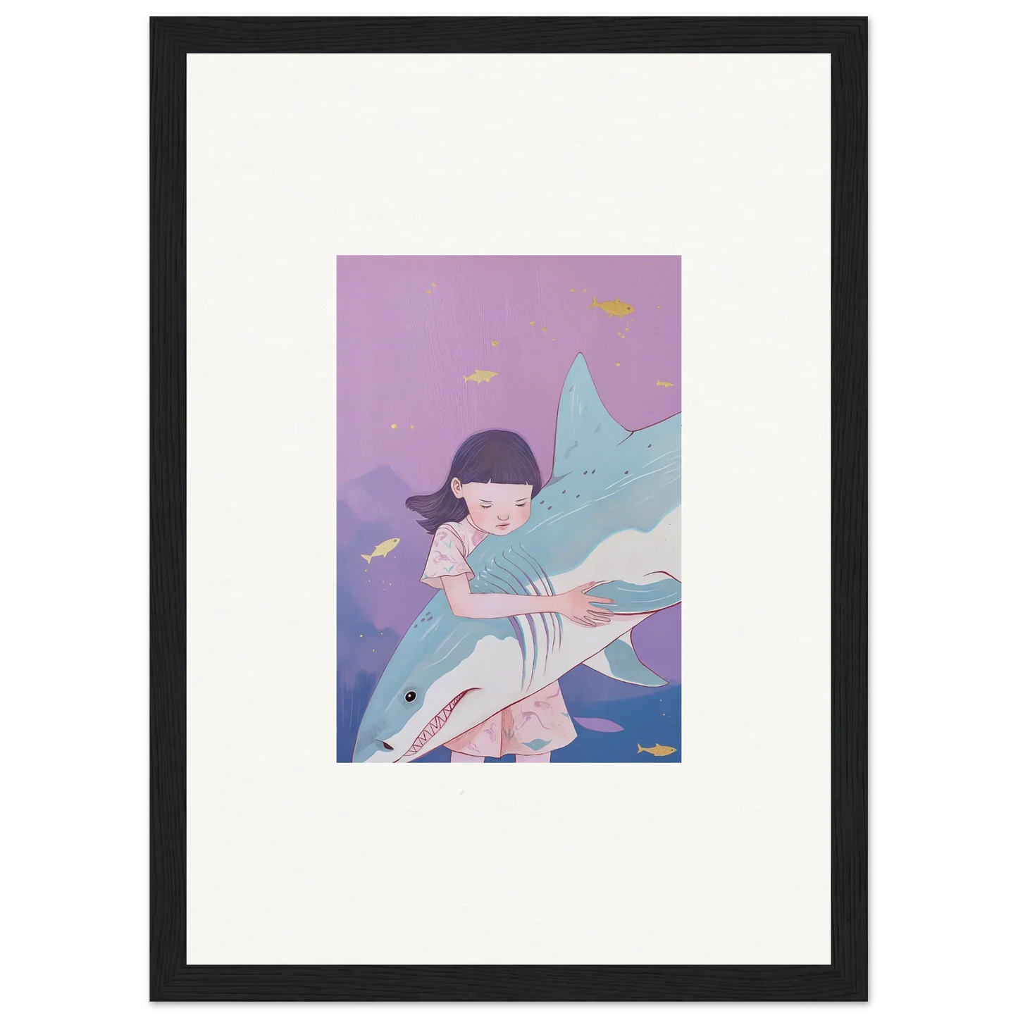 Framed canvas print of a girl hugging a shark, perfect for abyssal dreams room decoration