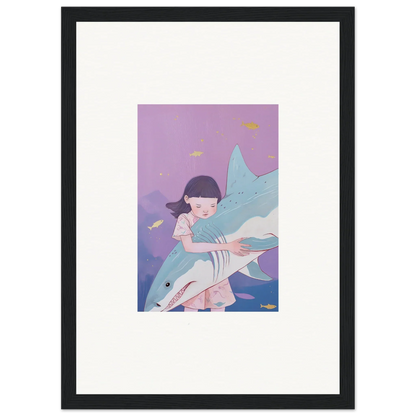 Framed canvas print of a girl hugging a shark, perfect for abyssal dreams room decoration