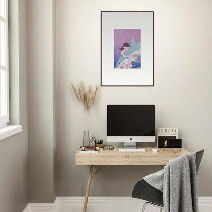 Minimalist wooden desk with a monitor and canvas print, perfect for room decoration