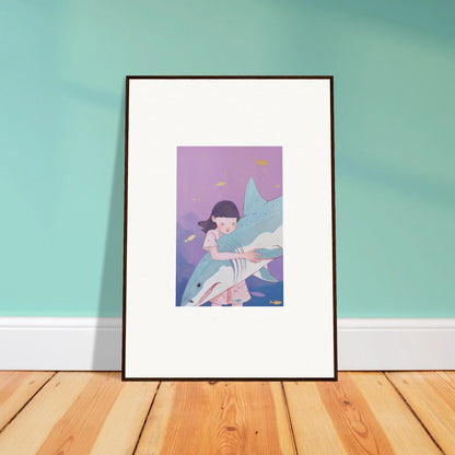 Framed canvas print of a pastel figure embracing a shark for unique room decoration