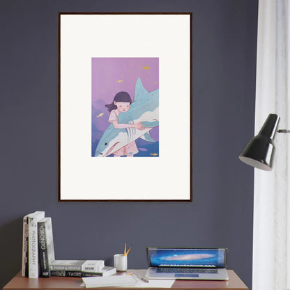 Framed canvas print of a figure with a shark fin, perfect for abyssal dreams room decoration