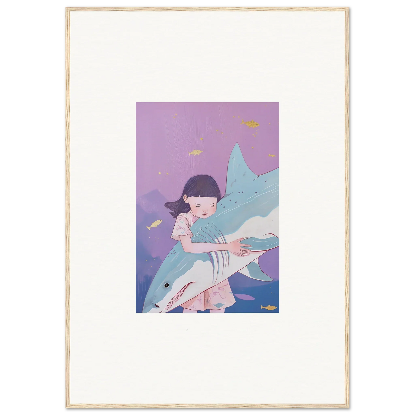 Framed canvas print of a girl hugging a shark for whimsical room decoration in Abyssal Dreams