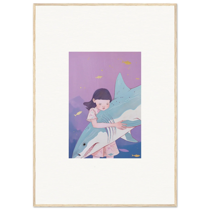 Framed canvas print of a girl hugging a shark for whimsical room decoration in Abyssal Dreams