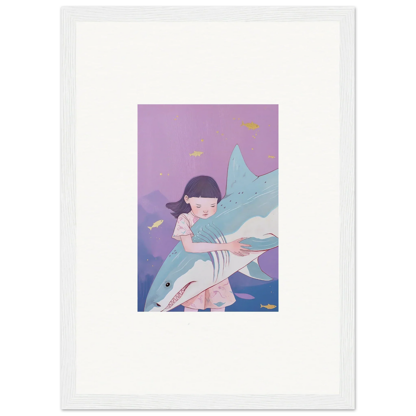 Framed canvas print of a girl hugging a shark, perfect for abyssal dreams room decoration