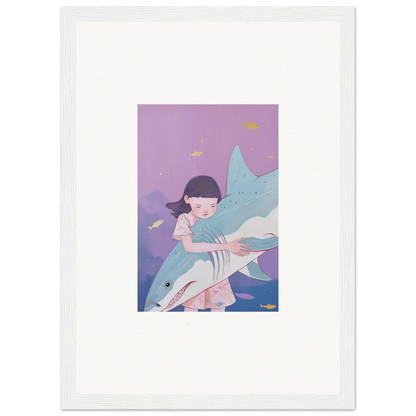 Framed canvas print of a girl hugging a shark, perfect for abyssal dreams room decoration