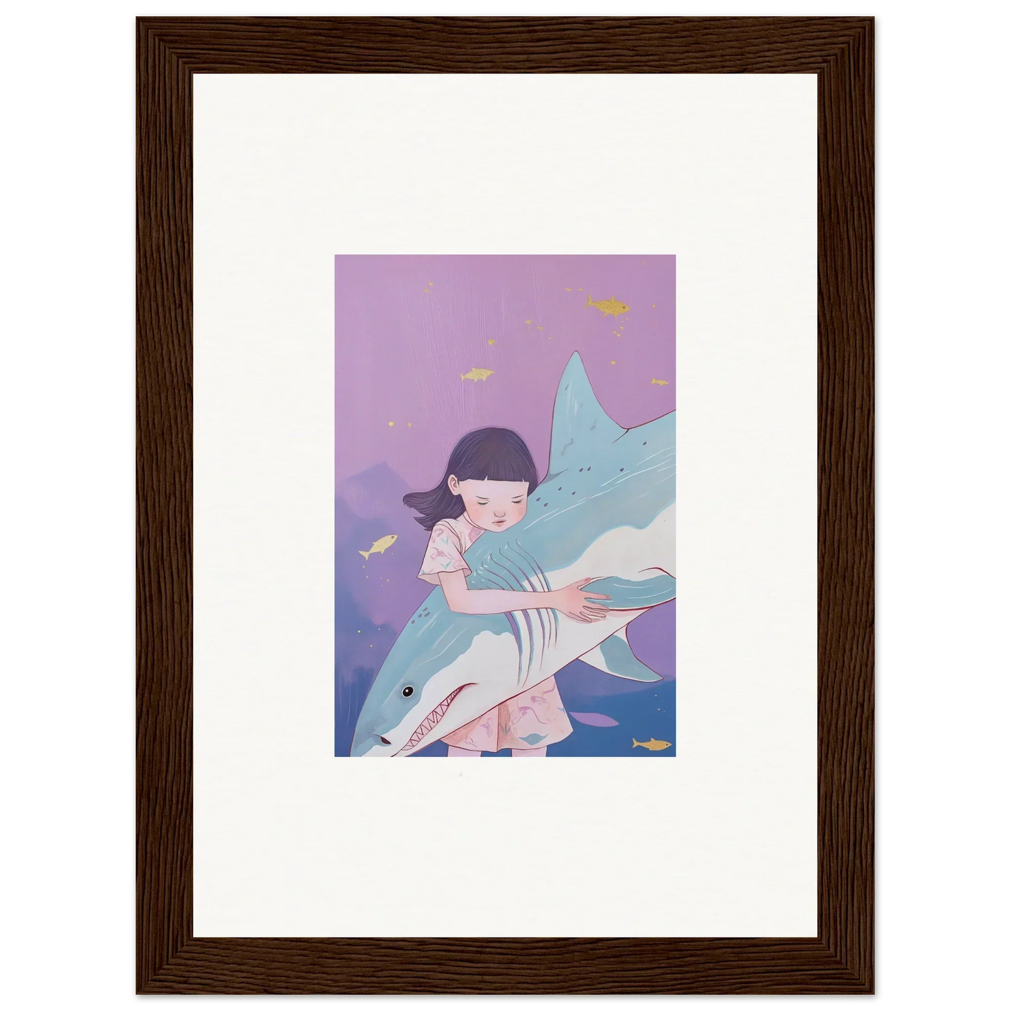 Framed canvas print of a girl hugging a shark for dreamy room decoration