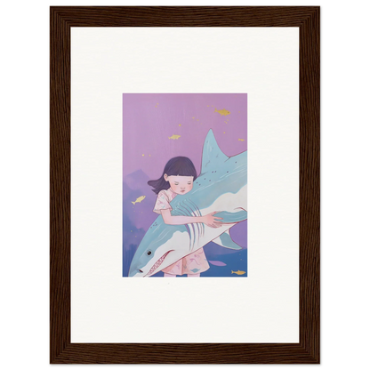 Framed canvas print of a girl hugging a shark for dreamy room decoration