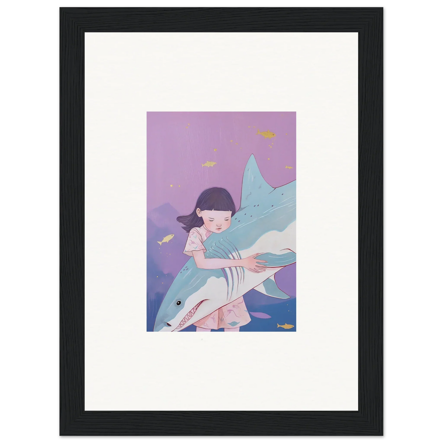 Framed canvas print of a girl hugging a shark, perfect for abyssal dreams room decoration