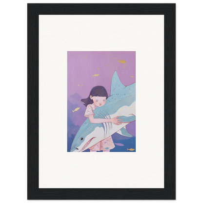 Framed canvas print of a girl hugging a shark, perfect for abyssal dreams room decoration