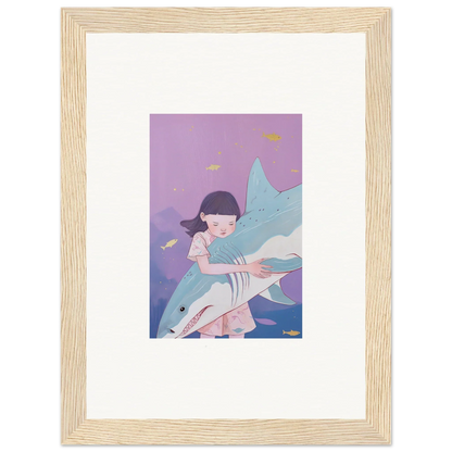 Framed canvas print of a girl hugging a shark, perfect for abyssal dreams room decoration