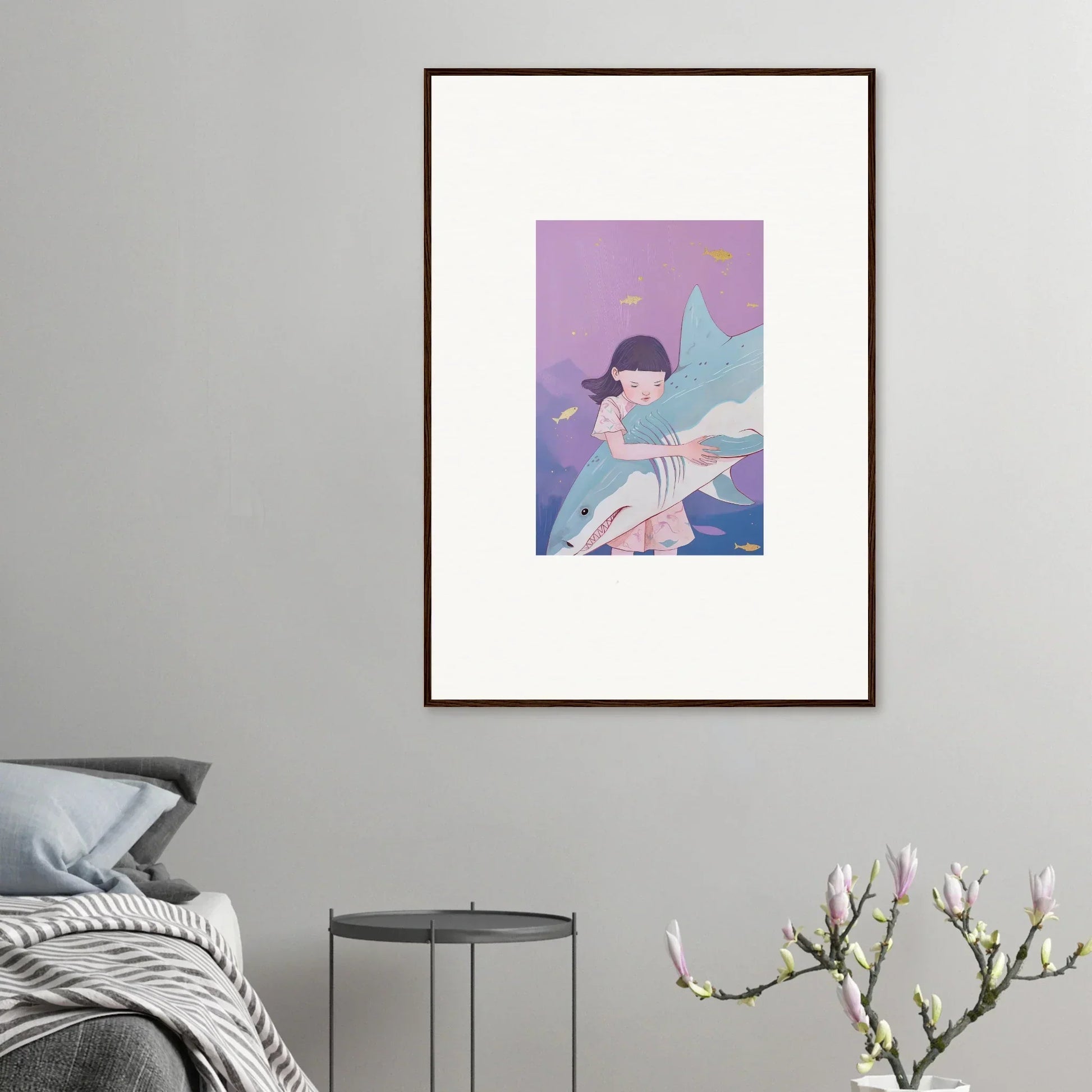 Pastel canvas print of a stylized figure with a shark for cool room decoration