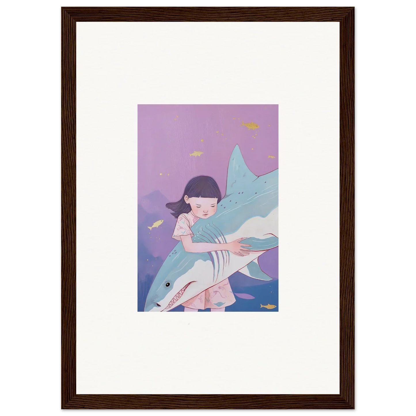 Framed canvas print of a girl riding a shark in whimsical abyssal dreams decor