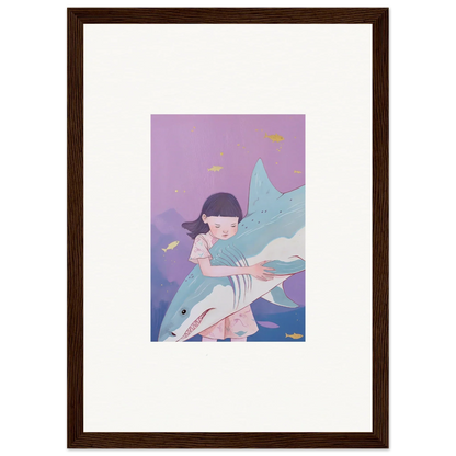 Framed canvas print of a girl riding a shark in whimsical abyssal dreams decor