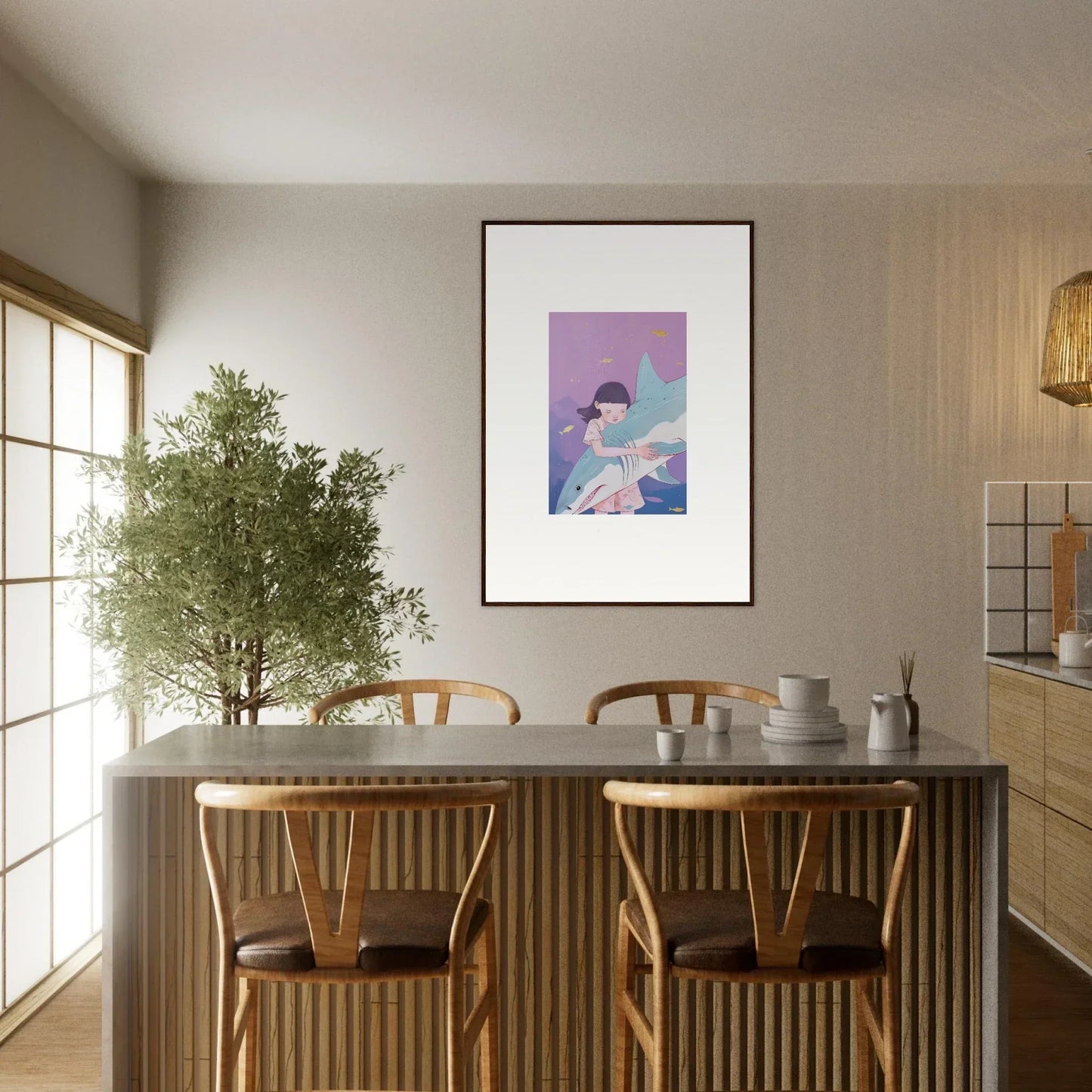 Dining area featuring a stylish table, chairs, and a canvas print of Abyssal Dreams