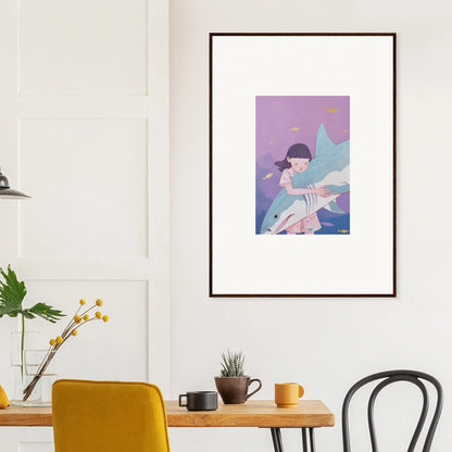 Framed canvas print of a stylized figure with a fish, perfect for abyssal dreams room decoration