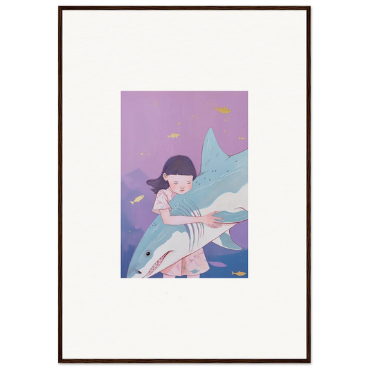 Whimsical canvas print of a girl hugging a shark for dreamy room decoration