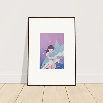 Framed canvas print of a figure embracing a shark, perfect for abyssal dreams decor