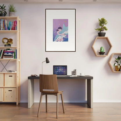 Chic minimalist home office with room decoration and a canvas print of Abyssal Dreams