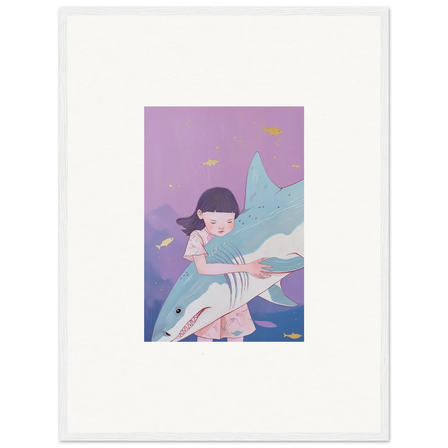 Framed canvas print of a girl hugging a shark in a whimsical abyssal dreams scene