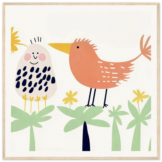 Whimsical illustration of two cartoon birds in yellow flowers for Chirpy Psychedelic Bloom