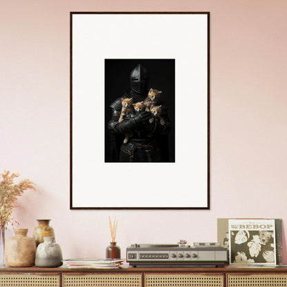 Framed black and white photograph featuring a person with tender fluff cats for room decor