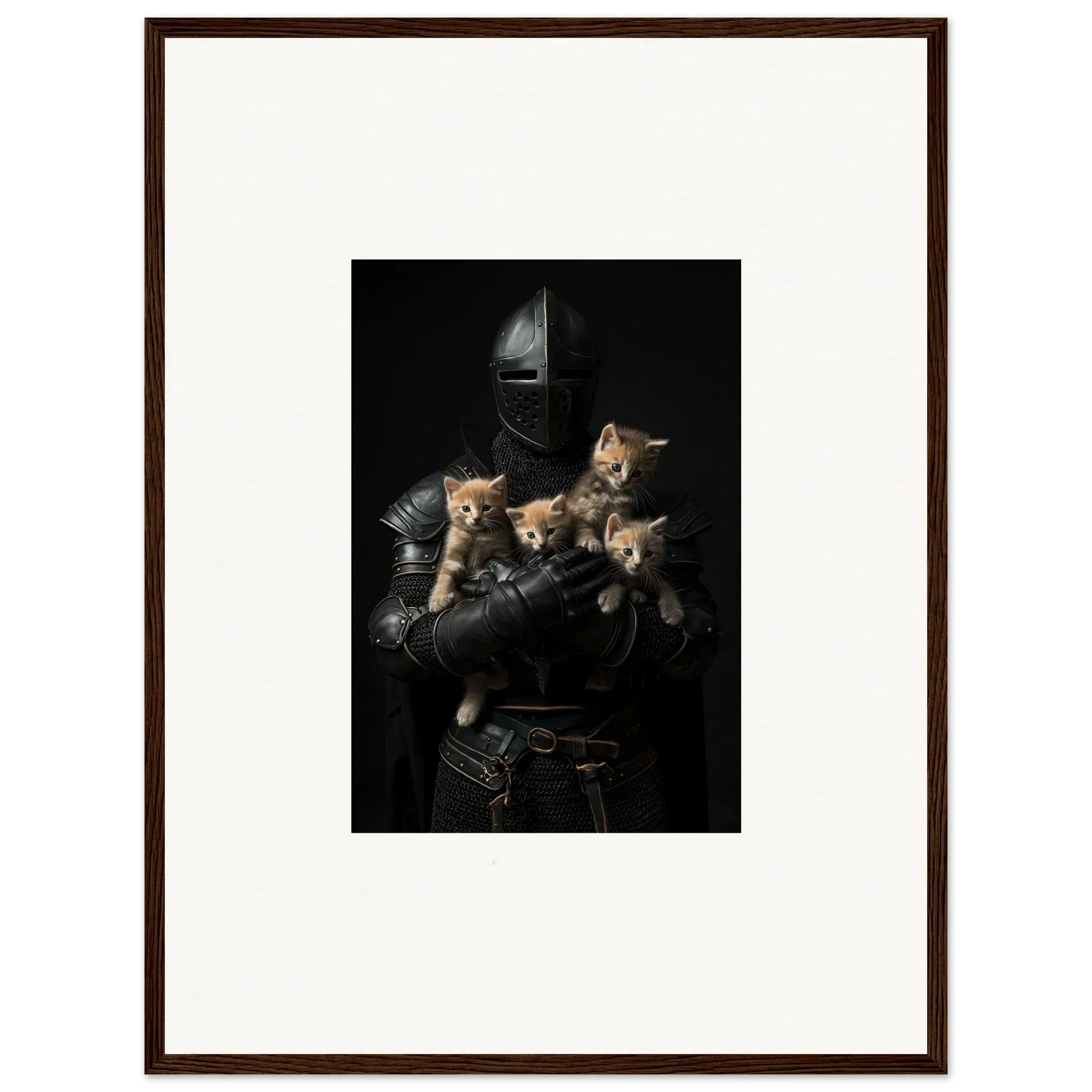 Medieval knight’s armor holding four kittens, perfect for tender fluff room decor