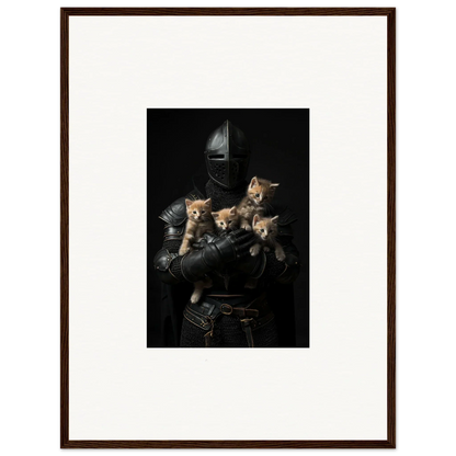 Medieval knight’s armor holding four kittens, perfect for tender fluff room decor