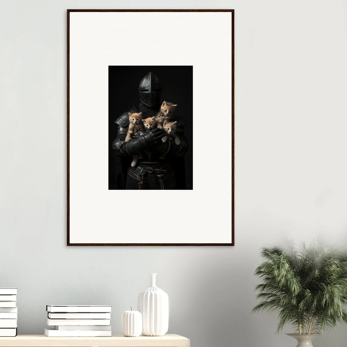 Framed wall art of two cats in a dark setting, perfect tender fluff room decor