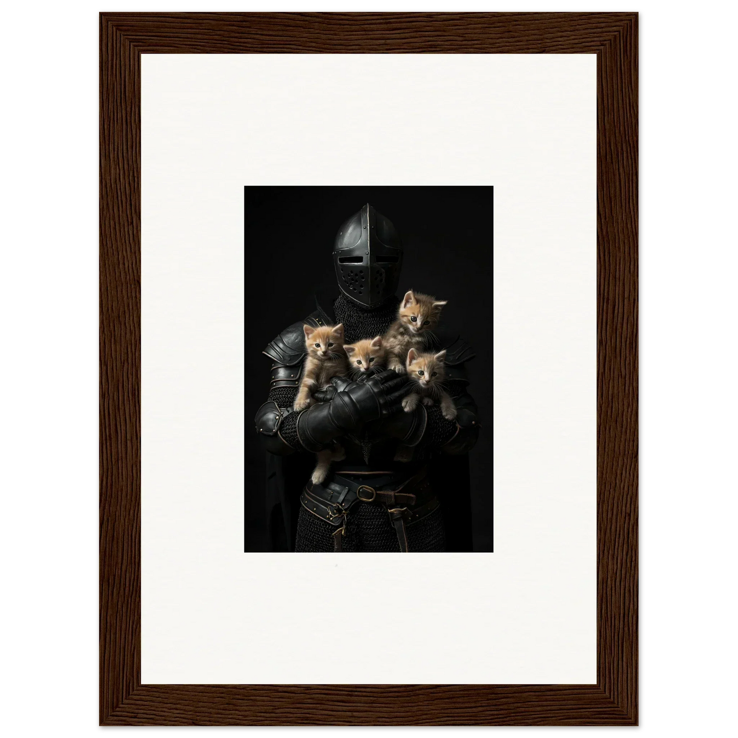 Framed wall art of kittens on armor, a whimsical touch for room decor with tender fluff