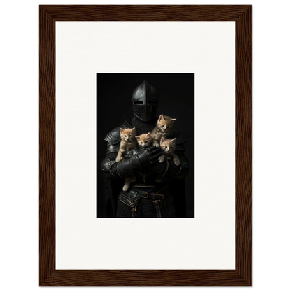 Framed wall art of kittens on armor, a whimsical touch for room decor with tender fluff