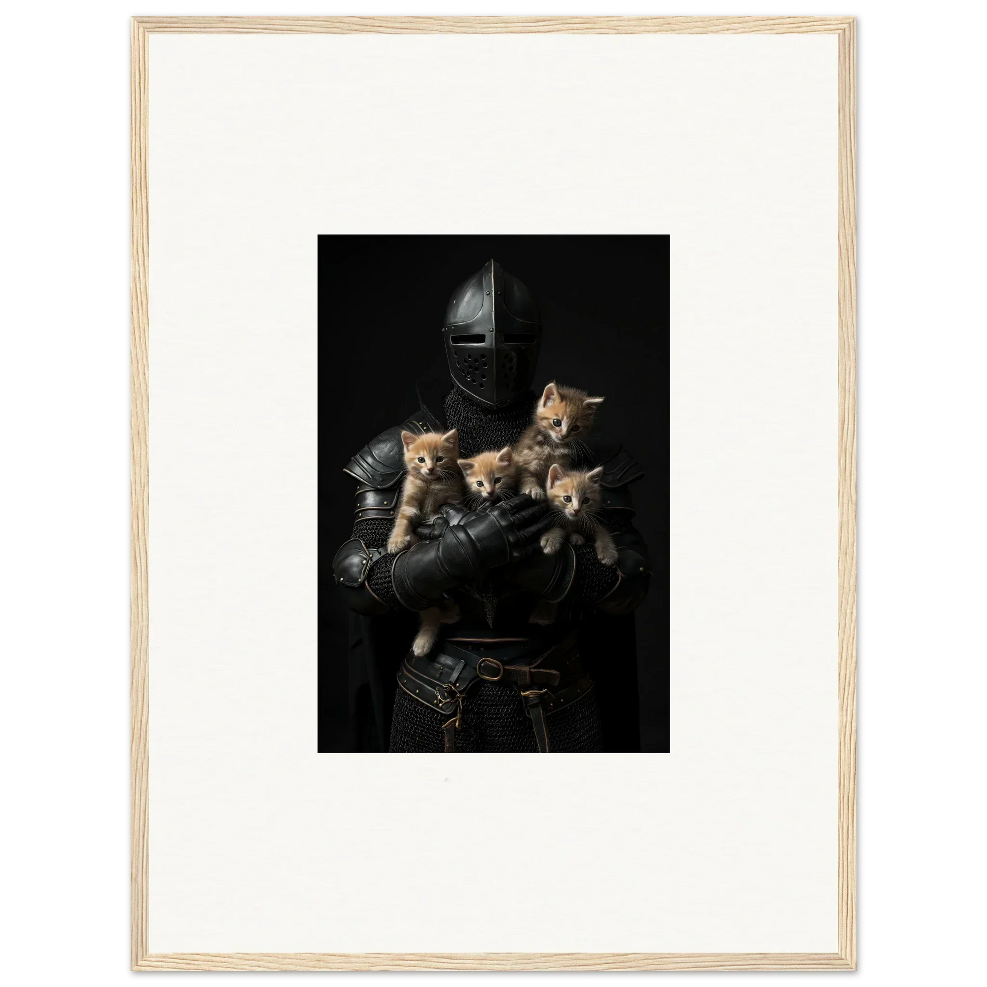 Framed wall art of a person in dark armor with tender fluff kittens for room decor