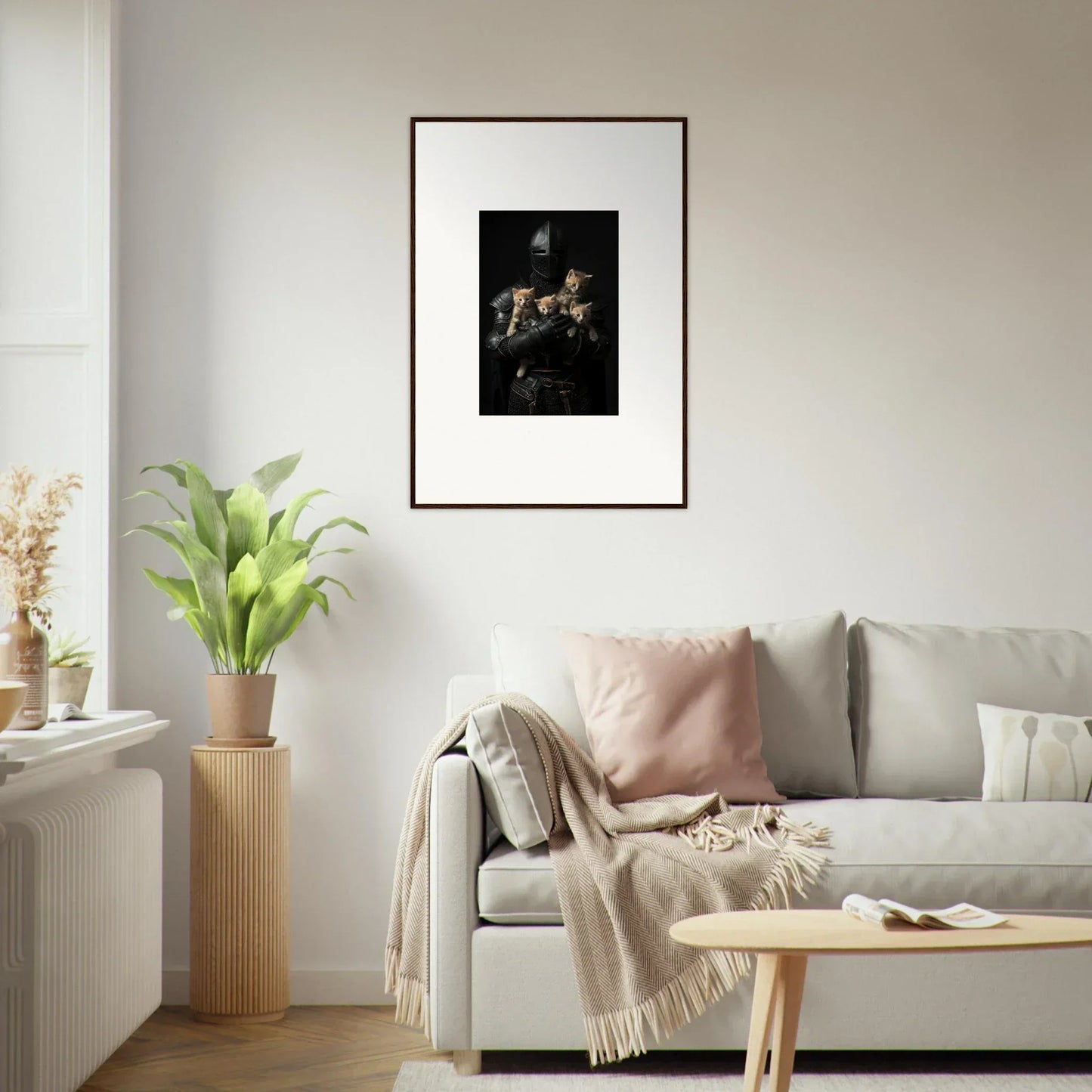 Framed dark artwork on a white wall, enhancing room decor with tender fluff vibes