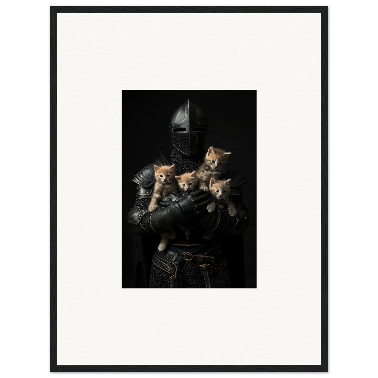 Medieval knight’s armor lovingly holding four adorable kittens in tender fluff, room decor art