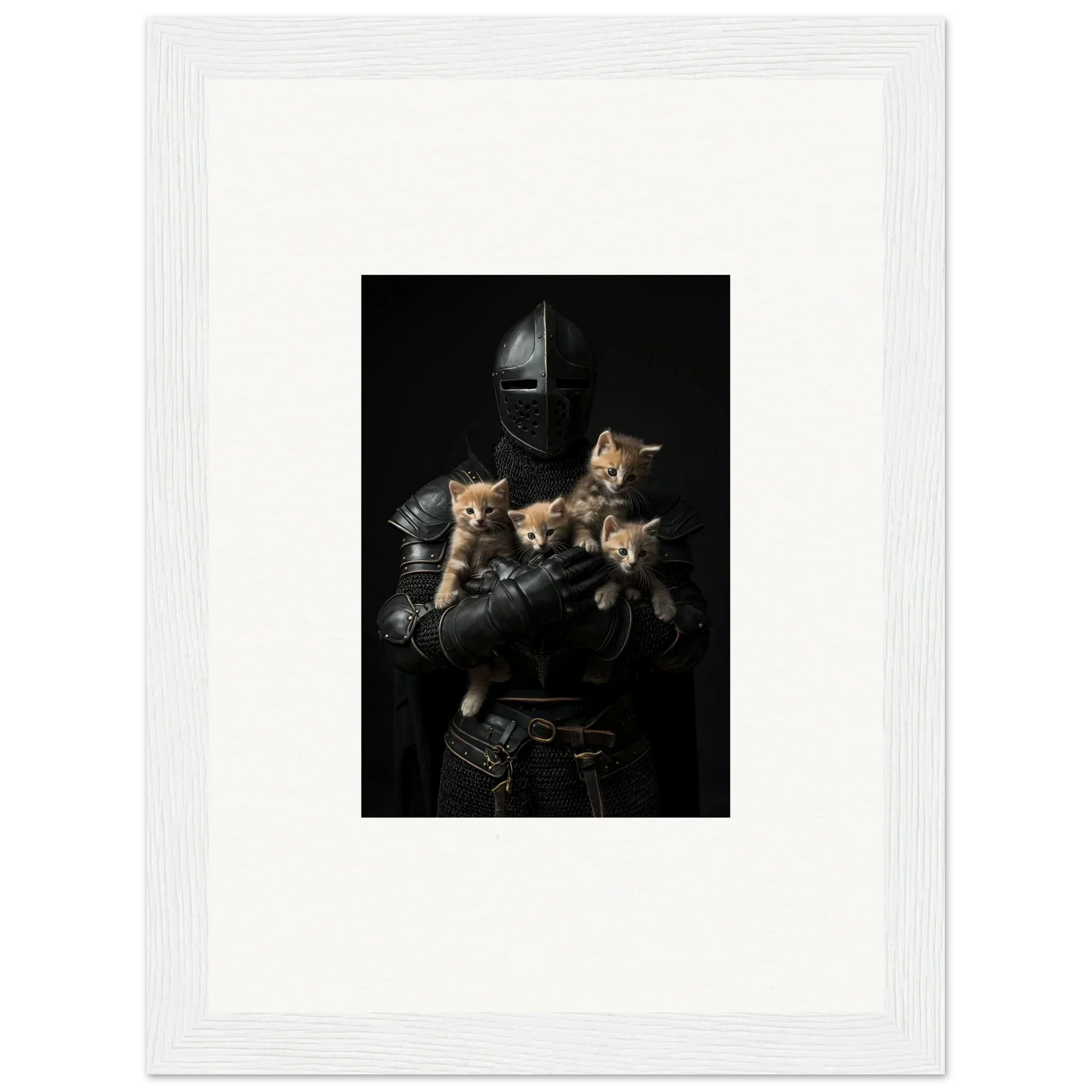 Suit of armor holding four kittens, perfect for tender fluff room decor or framed wall art