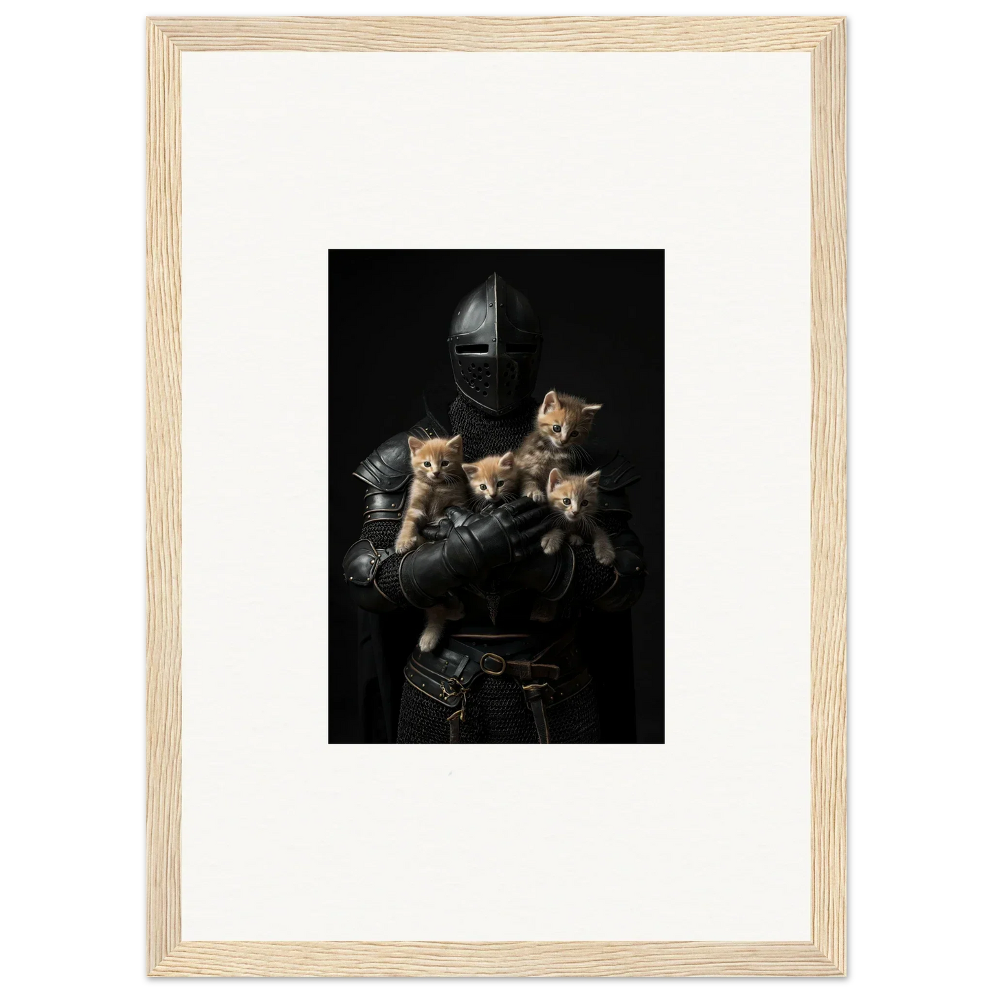 Framed wall art of a knight in armor with kittens for charming room decor and tender fluff