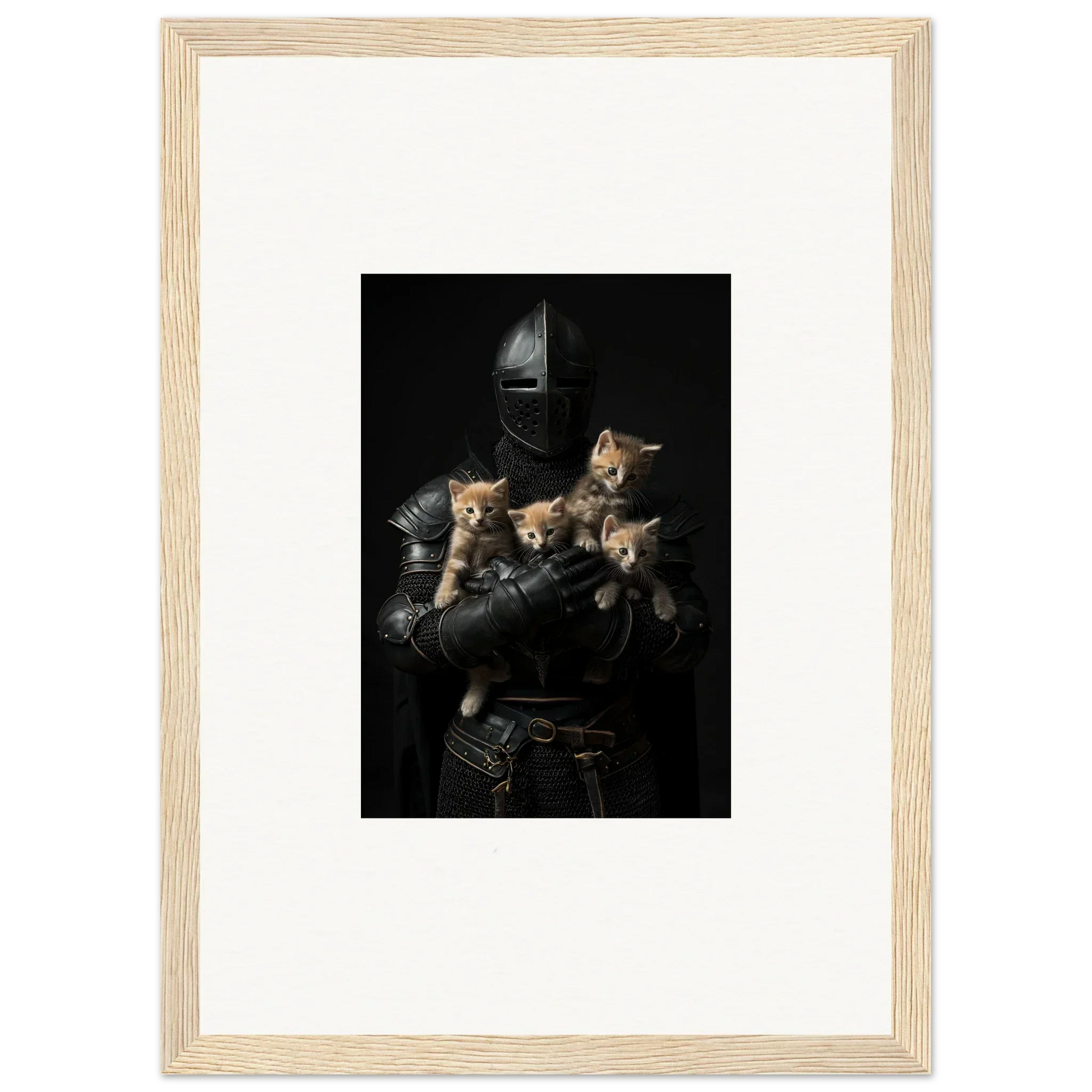 Framed wall art of a knight in armor with kittens for charming room decor and tender fluff