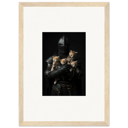 Framed wall art of a knight in armor with kittens for charming room decor and tender fluff