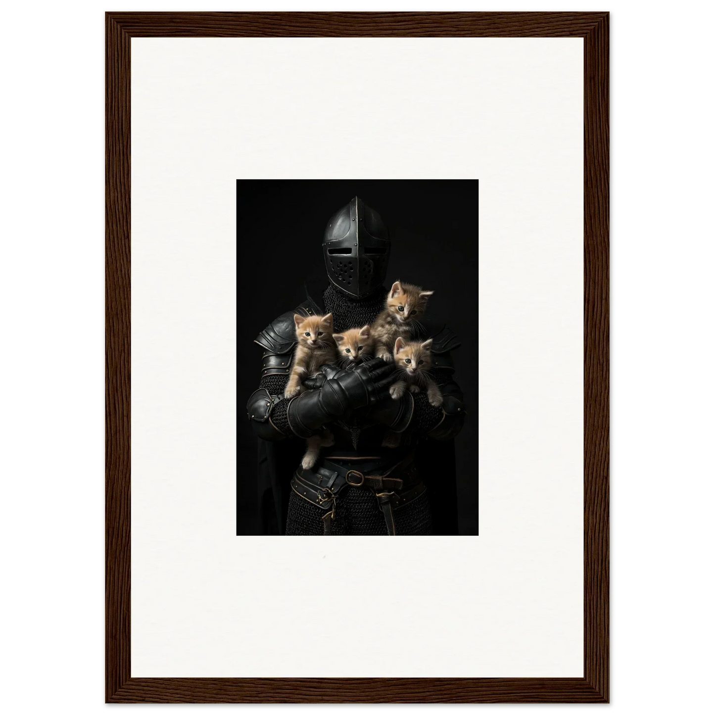 Medieval knight’s armor holds three kittens, perfect for tender fluff room decor