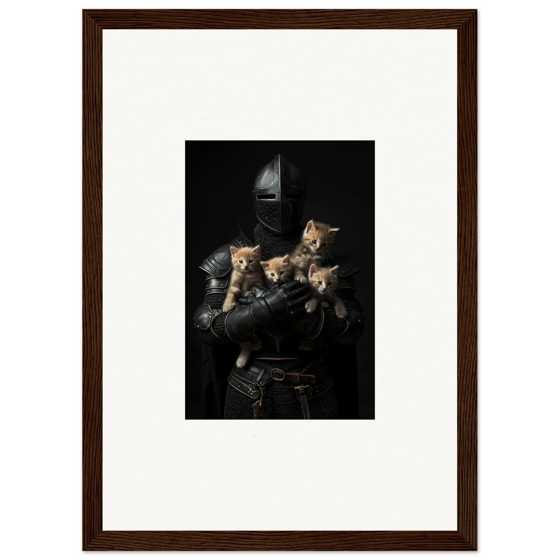 Medieval knight’s armor holds three kittens, perfect for tender fluff room decor