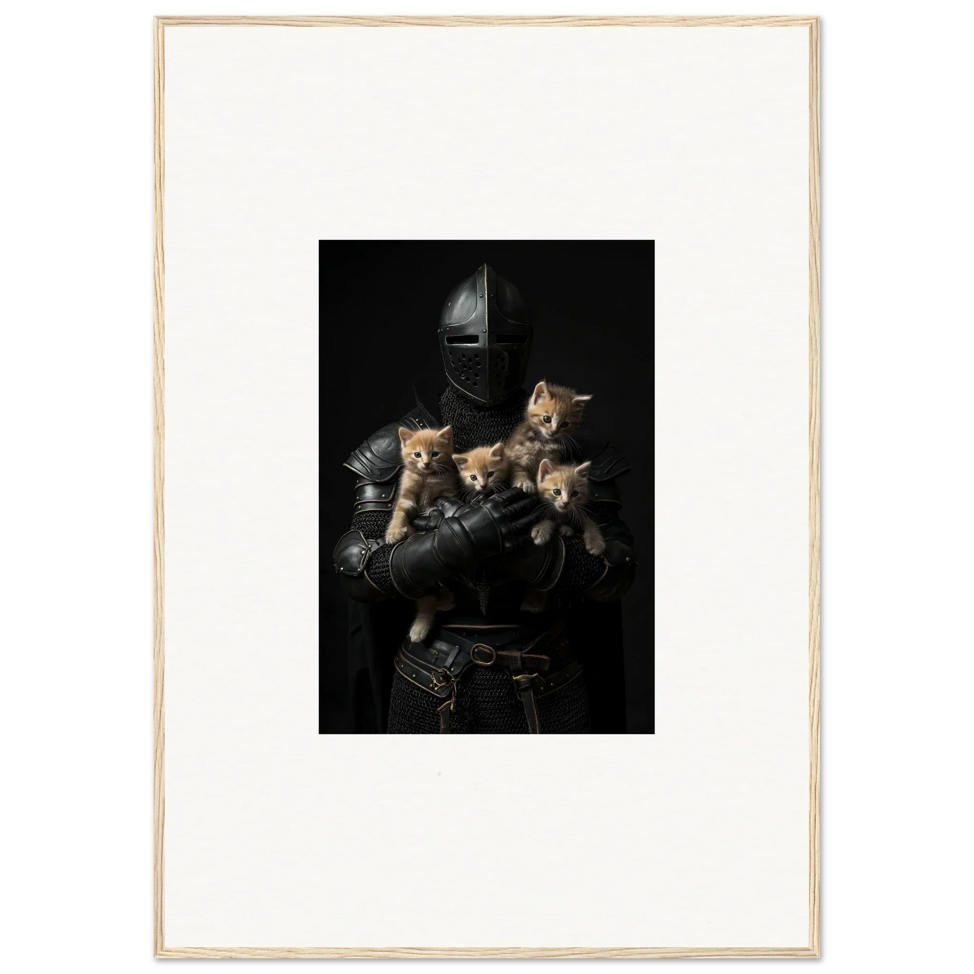 Medieval knight’s armor cradling four kittens, perfect for tender fluff room decor