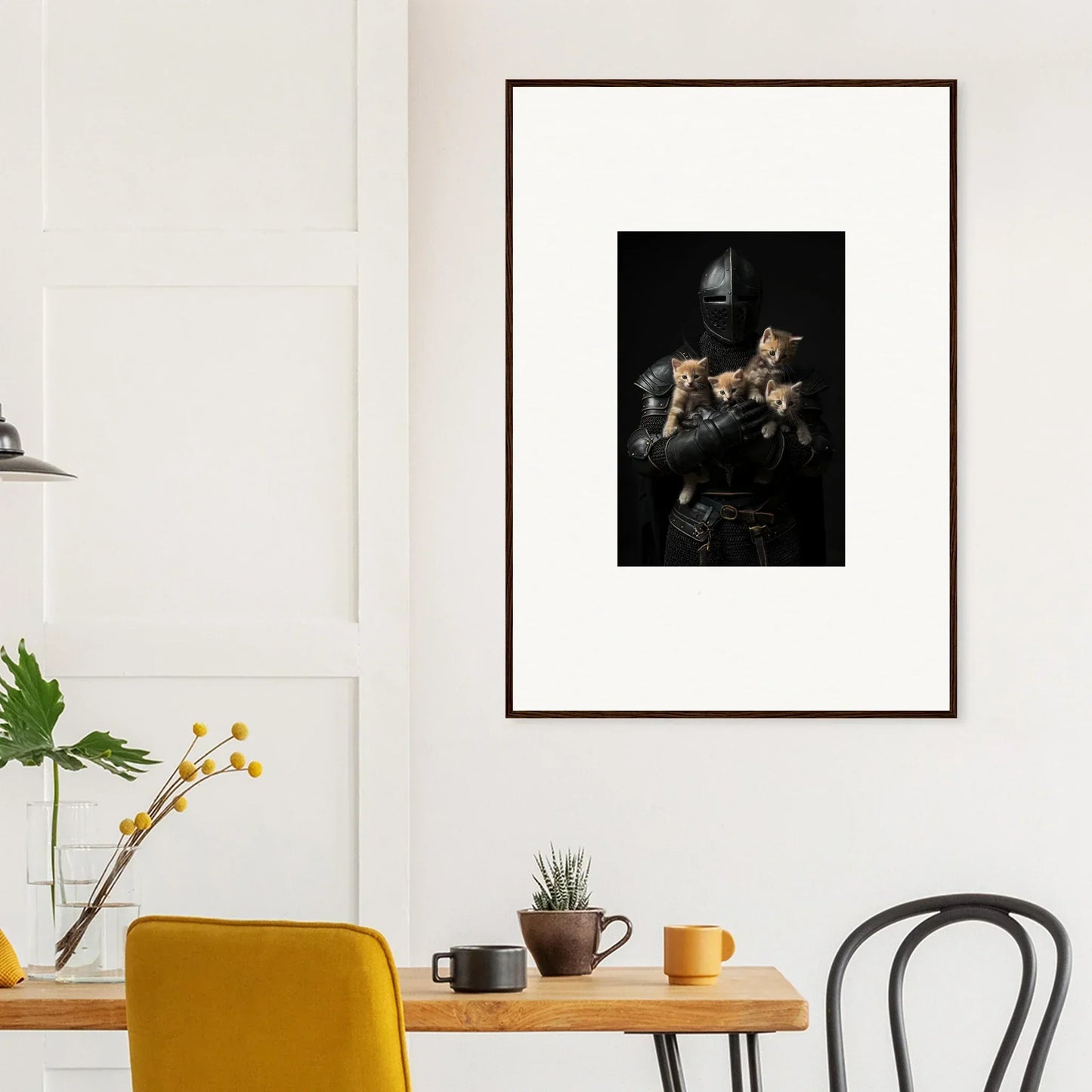 Framed wall art featuring tender fluff cats in a dark, moody room decor setting