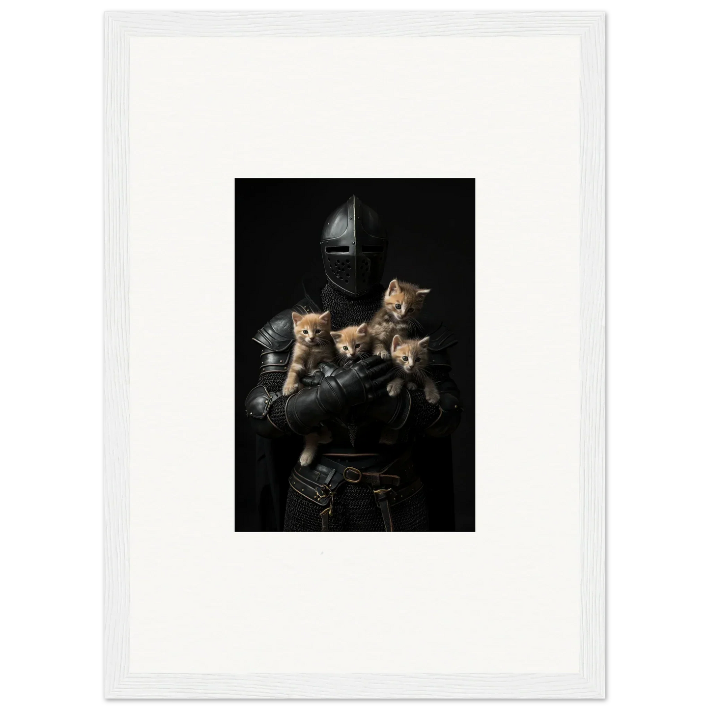 Medieval armor cradling four kittens, a whimsical piece of tender fluff wall decor