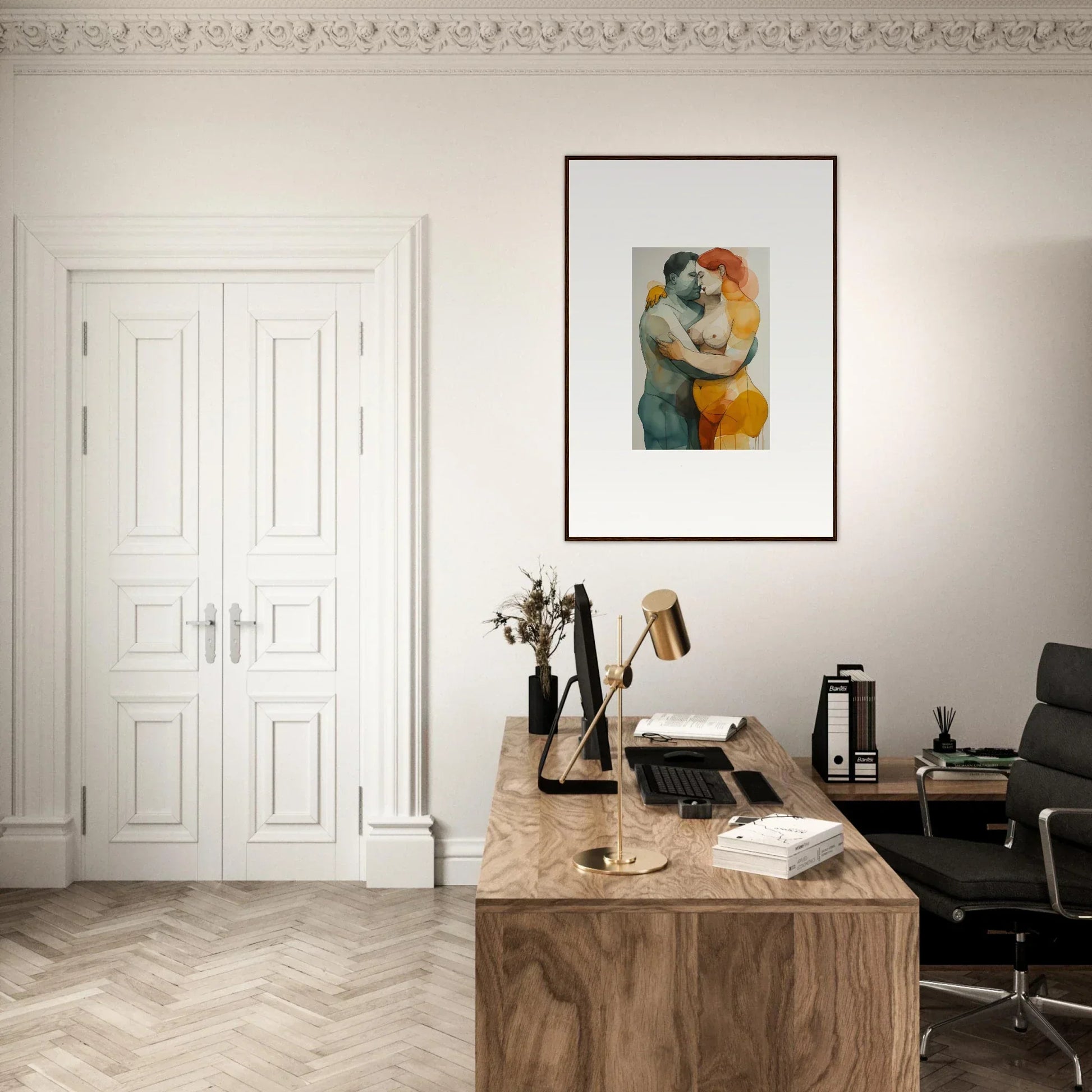 Home office workspace with wooden desk, chair, and echelons linger canvas print