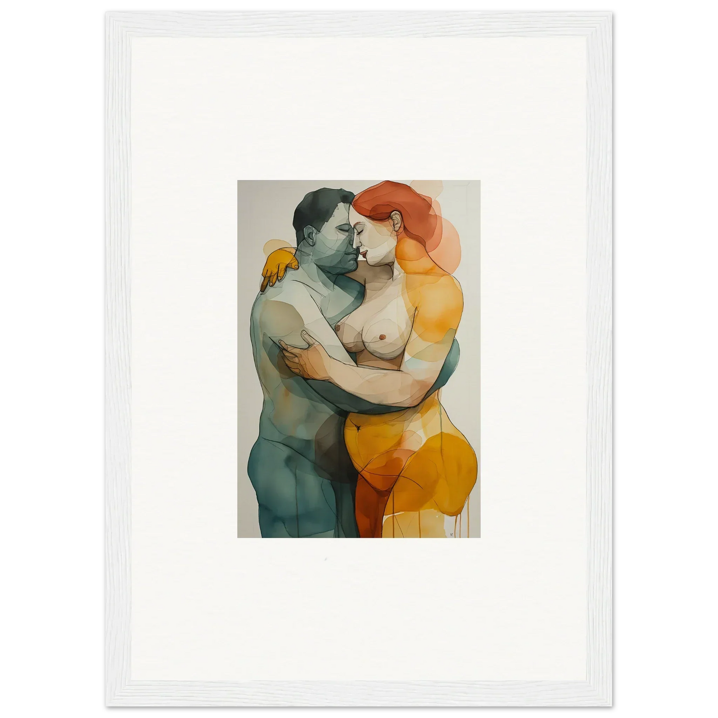 Watercolor abstract painting of an embracing couple for a colorful room decoration canvas print