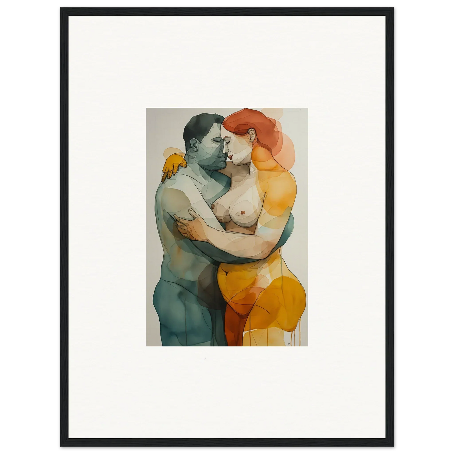 Colorful watercolor painting of a nude couple, perfect for room decoration as a canvas print