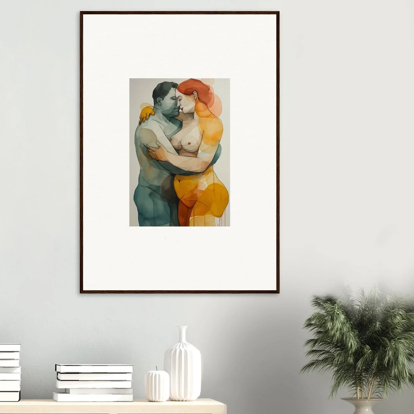 Framed watercolor painting of two figures embracing, perfect for room decoration or canvas print